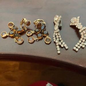 2 pair vintage clip earrings rhinestones